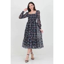 Neşeli Butik Siyah Kadın Siyah Gipeli Kare Yaka Desenli Şifon Elbise NB100361