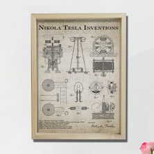 DekorLoft Doğal Çam Çerçeveli Mühendis Odası Duvar Tablosu Nicola Tesla Inverter Patentleri 1888 - 1894