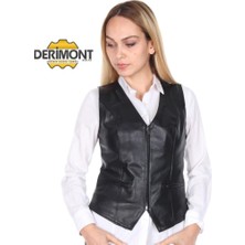 Derimont Deri Siyah Casual Fermuarlı Kadın Deri Yelek