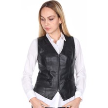 Derimont Deri Siyah Casual Fermuarlı Kadın Deri Yelek