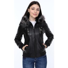 Derimont Deri Siyah Yaka Kürklü Kadın Ceket
