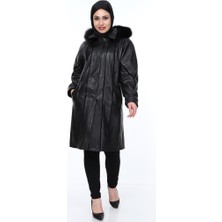 Derimont Deri Siyah Kürklü Uzun Kadın Ceket