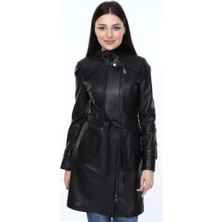 Derimont Deri Siyah Kuşaklı Uzun Kadın Ceket