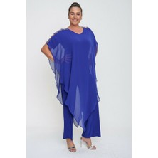 Preto Kadın Tulum Büyük Beden Kol Taş Şeritli Şifon Üstlü