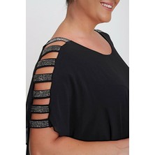 Preto Kadın Tulum Büyük Beden Kol Taş Şeritli Şifon Üstlü