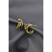 Papatya Silver 925 Ayar Gümüş Gold Kaplama Zirkon Taşlı, Üç Sıra Halka Tektaş Küpe