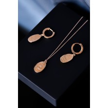 Papatya Silver 925 Ayar Gümüş Rose Kaplama Plaka Göz Kirpik Halka Küpe ve Kolye Set