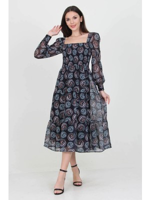 Neşeli Butik Siyah Kadın Siyah Gipeli Kare Yaka Desenli Şifon Elbise NB100361