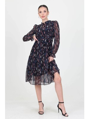 Neşeli Butik Kadın Beli Büzgülü Yakası Bağlama Detaylı Desenli Şifon Elbise RY0031