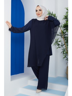 İmaj Butik Büyük Beden Kolu Simli Tesettür Abiye Takım/lacivert