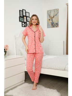 Moda Çizgi Kadın %100 Pamuk Önden Düğmeli Kısa Kol Pijama Takım 2810