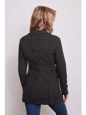 Jument Ekose Desenli Yakalı Uzun Kol Tek Düğme Yünlü Kumaş Blazer Ceket-Haki Desen