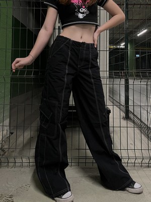 Touz Moda Ters Dikiş Siyah Kargo Pantolon