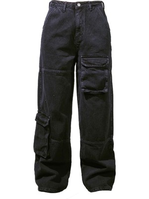 Touz Moda Y2K Recycled Black Cargo Pocket Wıde Leg Jean