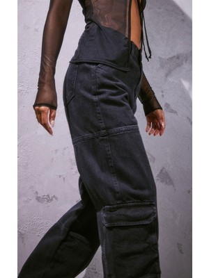 Touz Moda Y2K Recycled Black Cargo Pocket Wıde Leg Jean