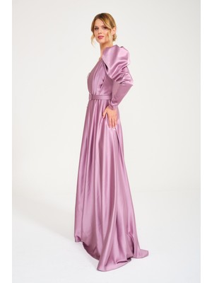 Abiye Sarayı Lila Balon Kollu Önü Drape Detaylı Abiye Elbise