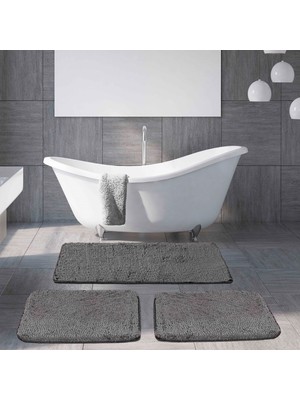 Eurobano Home - Premium %100 Doğal Kaymaz Taban Antrasit Yıkanabilir 3’lü Banyo Halısı, Paspas