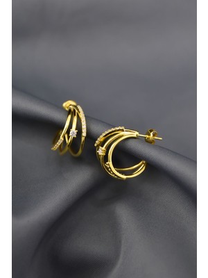 Papatya Silver 925 Ayar Gümüş Gold Kaplama Zirkon Taşlı, Üç Sıra Halka Tektaş Küpe