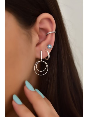 Papatya Silver 925 Ayar Gümüş Rodyum Kaplama Zirkon Taşlı Dörtlü Kombin Küpe