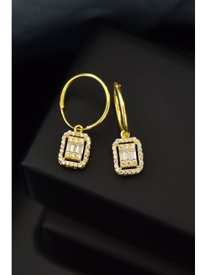 Papatya Silver 925 Ayar Gümüş Rose Kaplama Kare Baget Taşlı Halka Küpe