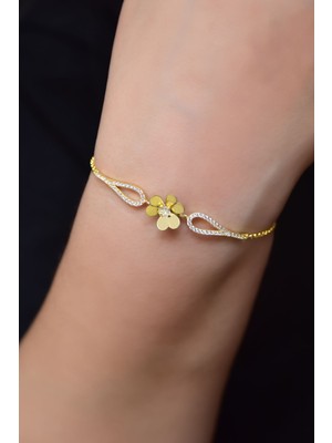 Papatya Silver 925 Ayar Gümüş Gold Kaplama Zirkon Taşlı Frezya Çiçeği Bileklik