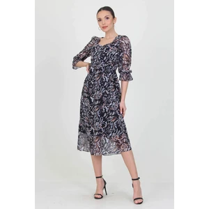 Neşeli Butik Kadın Siyah Kalp Yaka Yeni Sezon Desenli Şifon Elbise RY0030