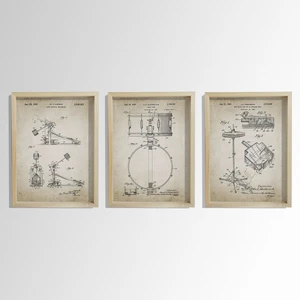 Doğal Çam Çerçeveli Müzik Odası Duvar Tablosu Antik Trampet - Zil - Davul Patenti 1939