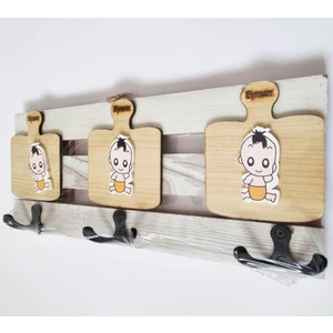 Ahşap El Yapımı 3 Çift Askılı Bebek Dekorlu Duvar Askısı - Anahtarlık & Ofis - Banyo - Mutfak Askısı