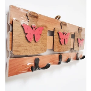 Ahşap El Yapımı 3 Çift Askılı Kelebek Dekorlu Duvar Askısı - Anahtarlık & Ofis - Banyo - Mutfak Askısı