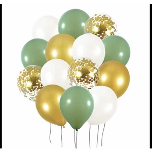 Deniz Party Store Retro Küf Yeşili Metalik Gold Beyaz Gold Konfetili Şeffaf Balon Seti 20 Adet