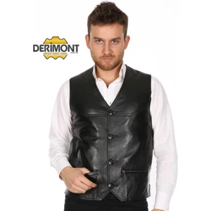 Deri Siyah Casual Düğmeli Erkek Deri Yelek