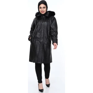 Deri Siyah Kürklü Uzun Kadın Ceket