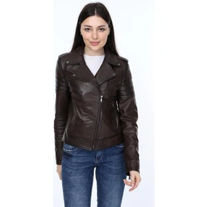 Deri Kahverengi Fermuarlı Yaka Cepli Kadın Ceket