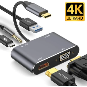 Macbook Uyumlu Type-C To USB 3.0 1080P Hd 4K HDMI VGA Pd Aux Ses Girişli Çevirici Hub Adaptör