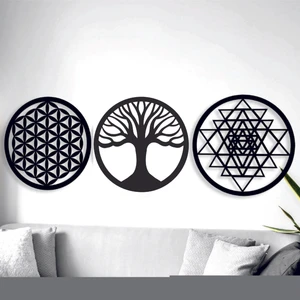 Yaşam Çiçeği Sri Yantra ve Torus Hayat Ağacı 3'lü Set Duvar Tablosu