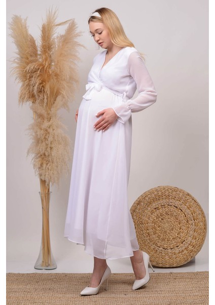 Kadın Beyaz Kruvaze Yaka Baby Shower Şifon Hamile Elbise HML003