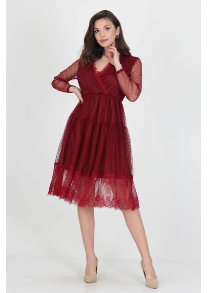 Neseli Butik Kruvaze Yaka Eteği Güpür Detaylı Yeni Sezon Elbise NB0010 fırsatları