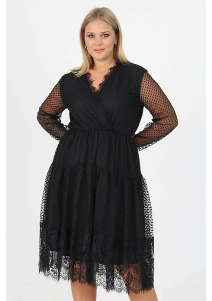 Kadın Yeni Sezon Tül Detaylı Kruvaze Yaka Büyük Beden Elbise APCX14 fırsatları