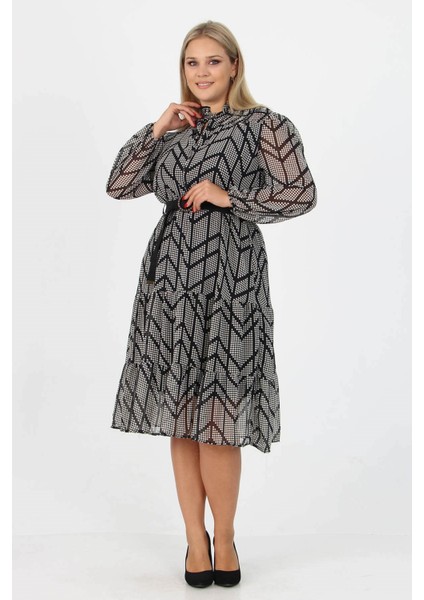 Kadın Gipeli Yakası Bağlama Detaylı Midi Boy Büyük Beden Şifon Elbise APCX17 modelleri