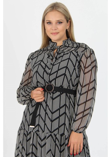 Kadın Gipeli Yakası Bağlama Detaylı Midi Boy Büyük Beden Şifon Elbise APCX17 fırsatları