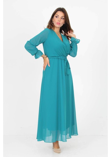 Kadın Kruvaze Yaka Bağlama Detaylı Yeni Sezon Uzun Şifon Elbise KTS003 fiyatları