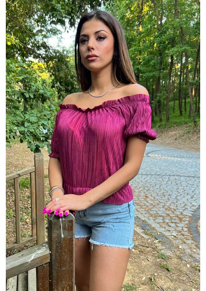 Kadın Mürdüm Yeni Sezon Madonna Yaka Fitilli Bluz NB10048 fiyatları