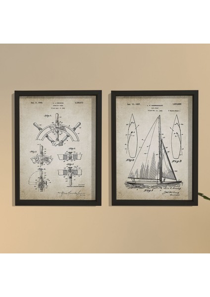 Doğal Çam Çerçeveli Denizci Odası Duvar Tablosu Yelkenli ve Dümen Patenti 1927
