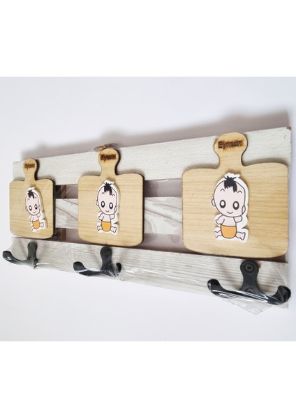 Ahşap El Yapımı 3 Çift Askılı Bebek Dekorlu Duvar Askısı - Anahtarlık & Ofis - Banyo - Mutfak Askısı