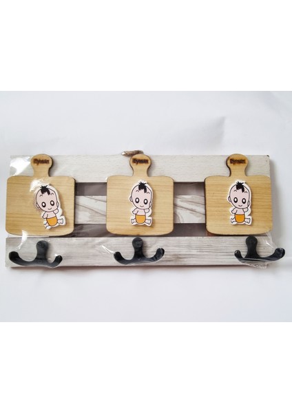 Ahşap El Yapımı 3 Çift Askılı Bebek Dekorlu Duvar Askısı - Anahtarlık & Ofis - Banyo - Mutfak Askısı fiyatları