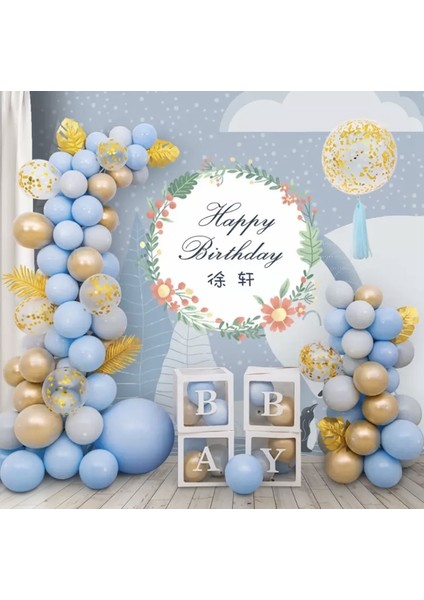 Makaron Mavi Pastel Gri Krom Gold Gold Konfetili Şeffaf Balon Zincir Set