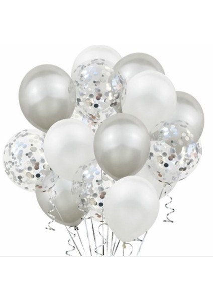 Metalik Gümüş Beyaz Gümüş Konfetili Şeffaf Balon 12 Inç 15 Adet