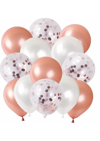 Metalik Rose Gold Beyaz Rose Gold Konfetili Şeffaf Balon 12 Inç 15 Adet