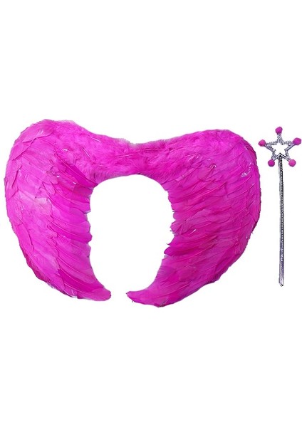 Easy Toptan Gerçek Tüylü Katlanabilir Çocuk Pembe Melek Kanadı ve Asa Seti 40X55 cm