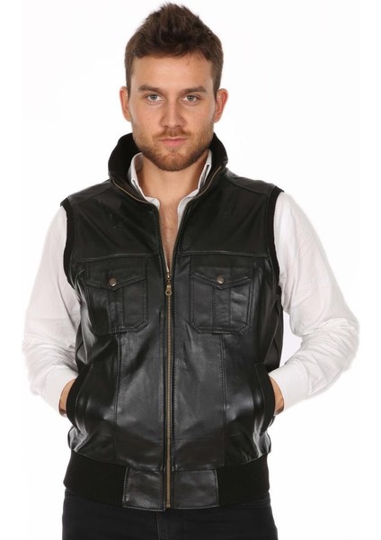 Deri Siyah Jack Beli Lastikli Erkek Deri Yelek fiyatları